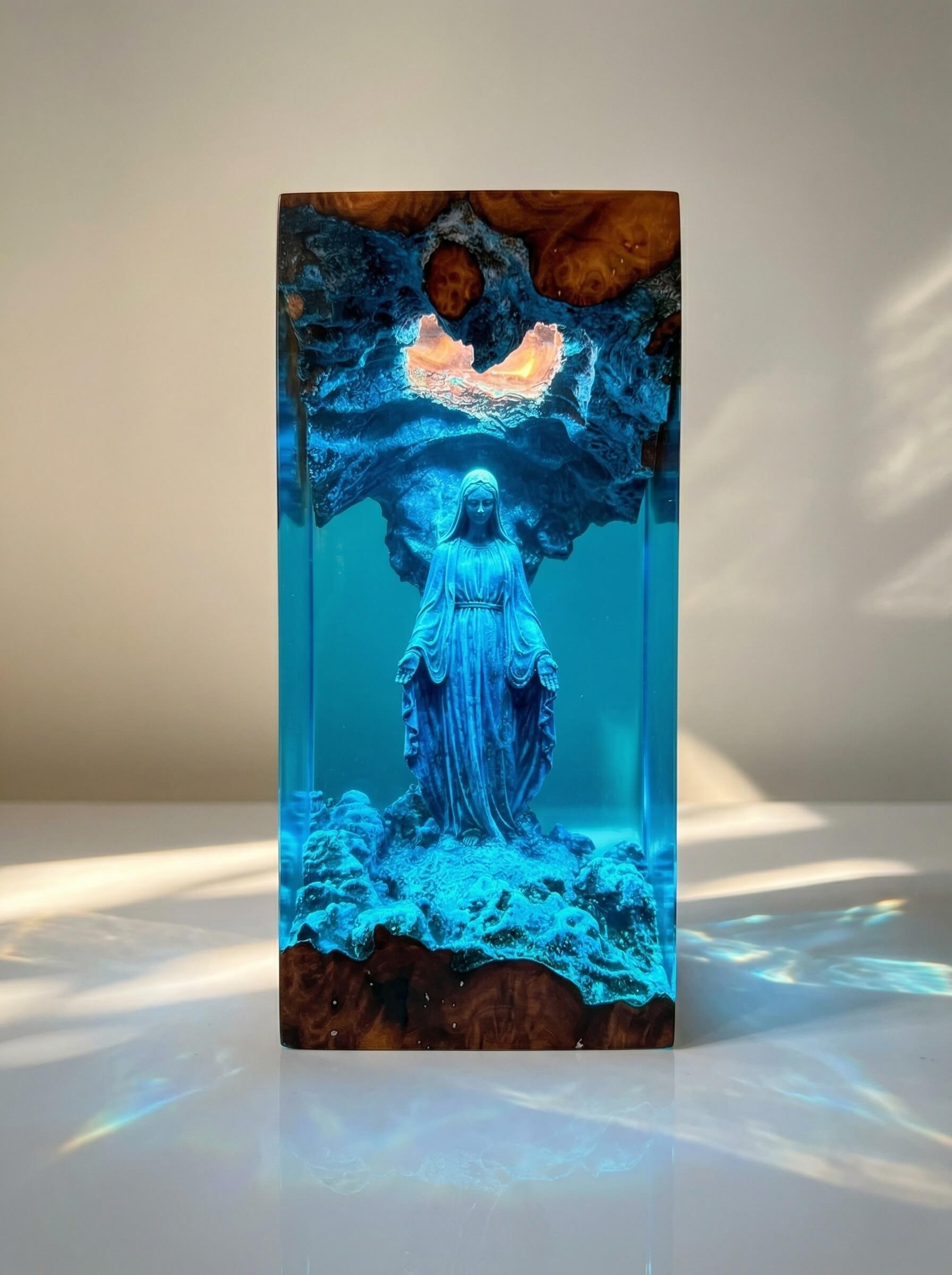 Custom blue epoxy resin diorama encapsulating a miniature statue inside a glowing wooden grotto.