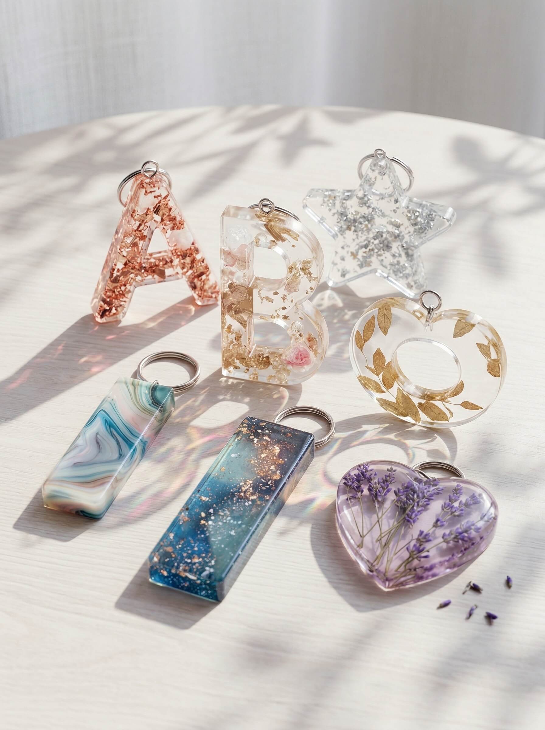 Assorted custom epoxy resin keychains in letter, heart, and star shapes encapsulating dried flowers, gold flakes, and swirling colors.