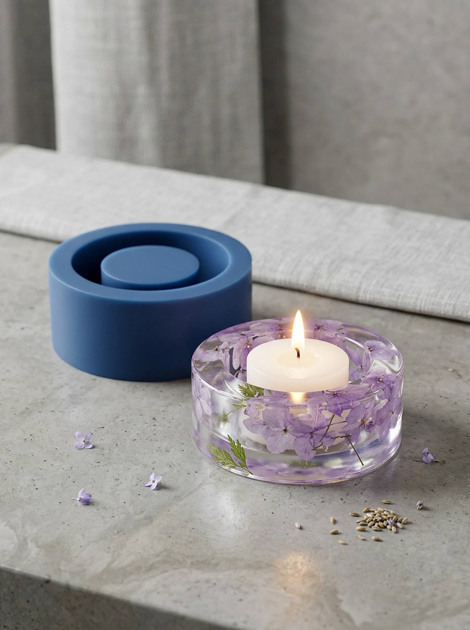 Clear epoxy resin candle holder with encapsulated purple flowers sitting next to its custom blue silicone mold.