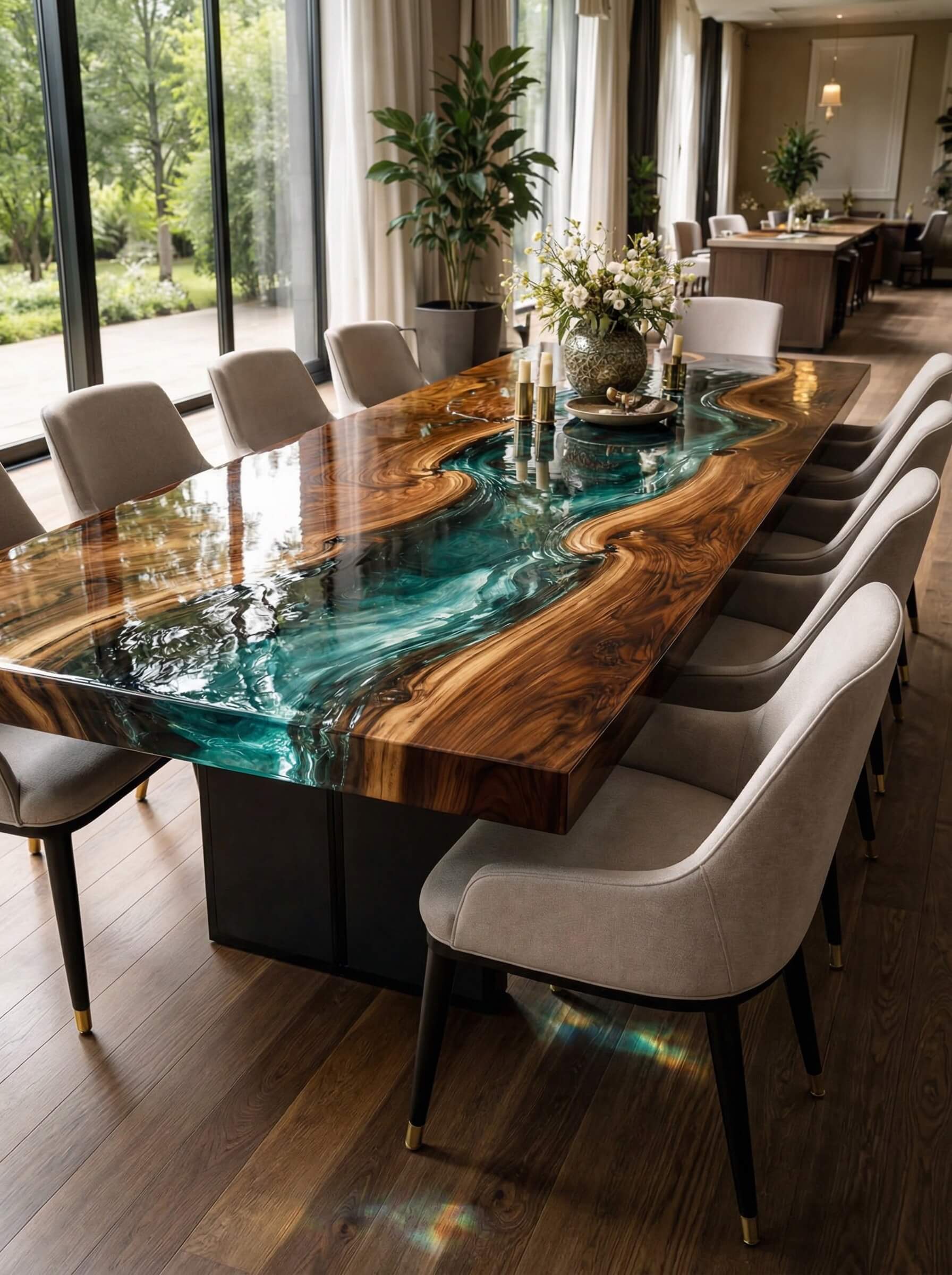 Large live-edge wood dining table featuring a deep teal swirling colored epoxy resin river center in a modern dining room.
