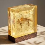 A tinted amber epoxy resin block encapsulating a miniature dinosaur skeleton and textured rock, mounted on a dark wood base.