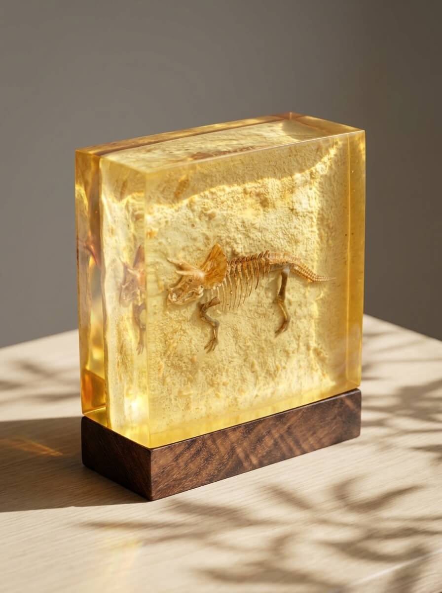 A tinted amber epoxy resin block encapsulating a miniature dinosaur skeleton and textured rock, mounted on a dark wood base.
